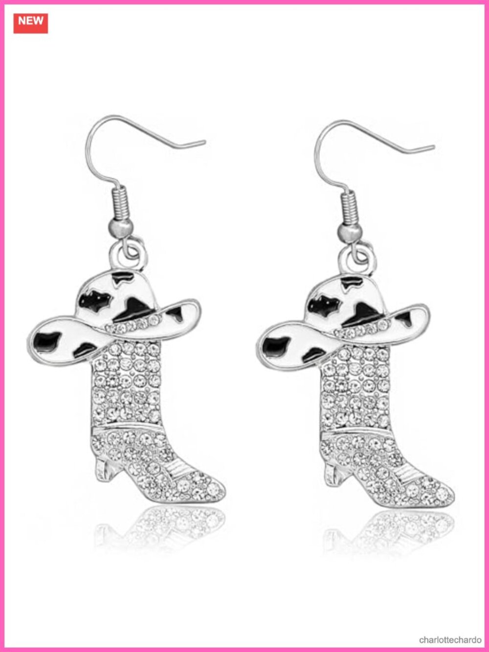 Western Boot Earrings Silver Rhinestone Cowboy Dangling Cowgirl Jewelry